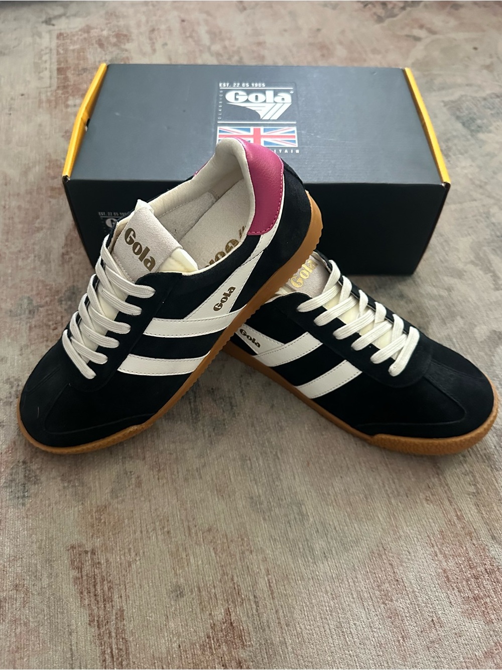 NWT- Gola Black Suede Sneakers with White Stripes and Pink Heel Accent